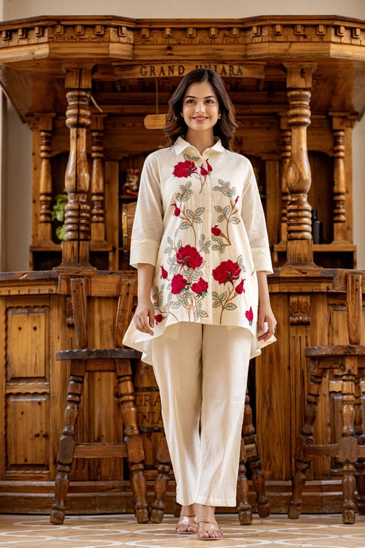 White red rose cotton embroidered co-ord set women