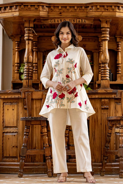 White embroidered cotton ethnic outfit women