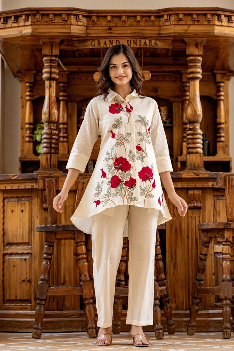 Festive white red floral kurta pant outfit