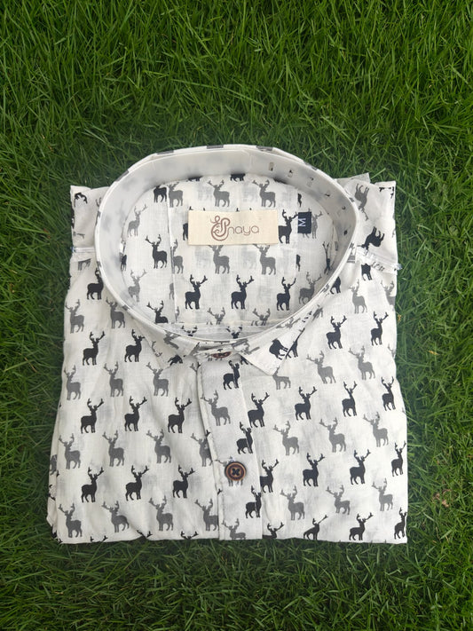 White Reindeer Print Cotton Regular Fit Shirt (Half Sleeves)