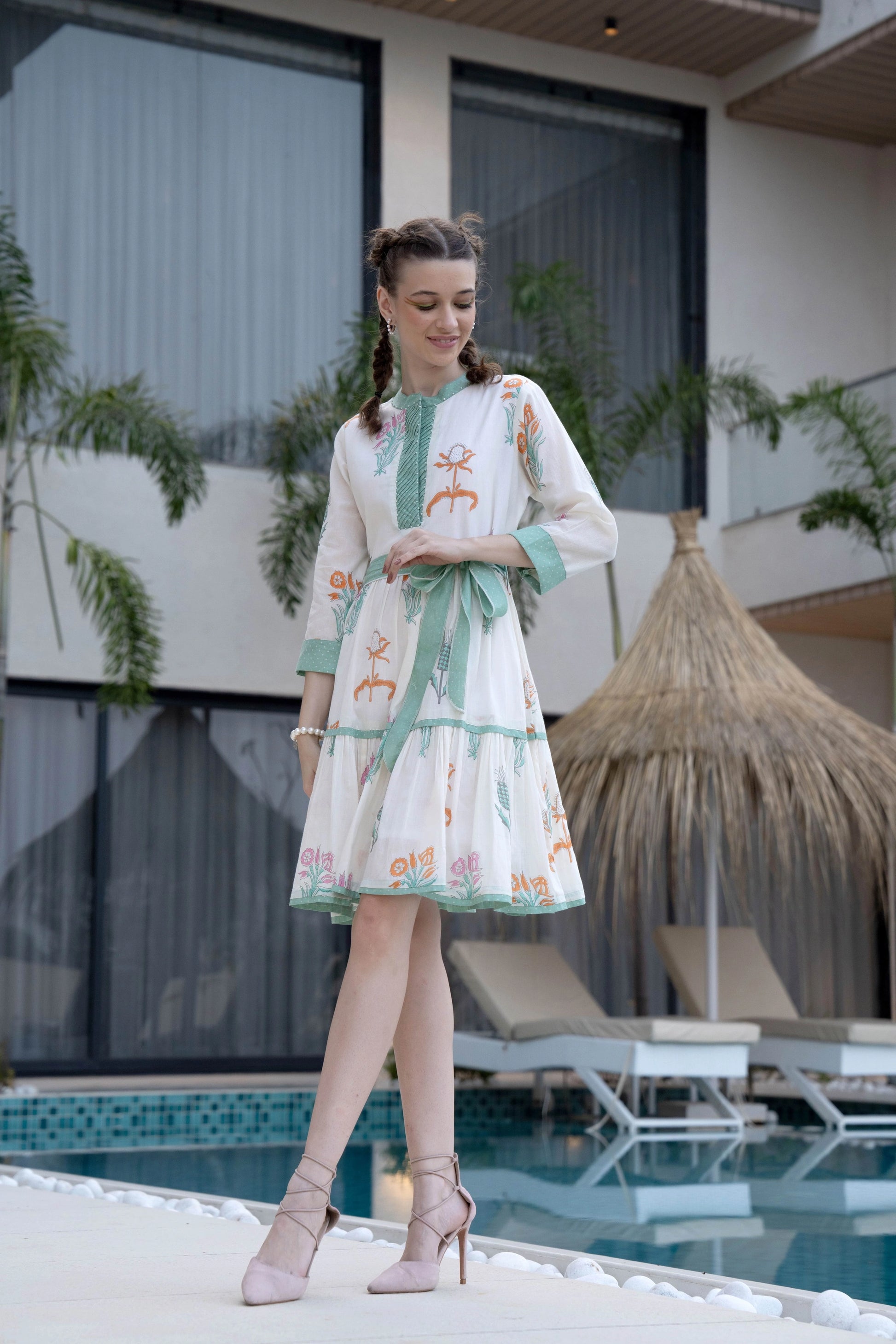 Cotton Belted Short Dress White Sea Green