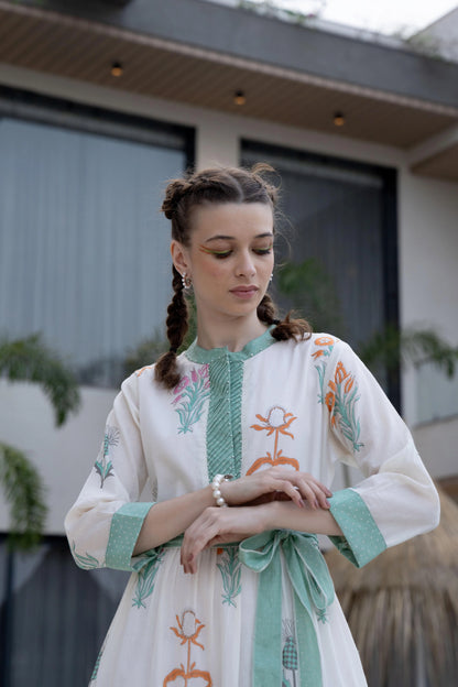 Sea Green and White Printed Casual Dress