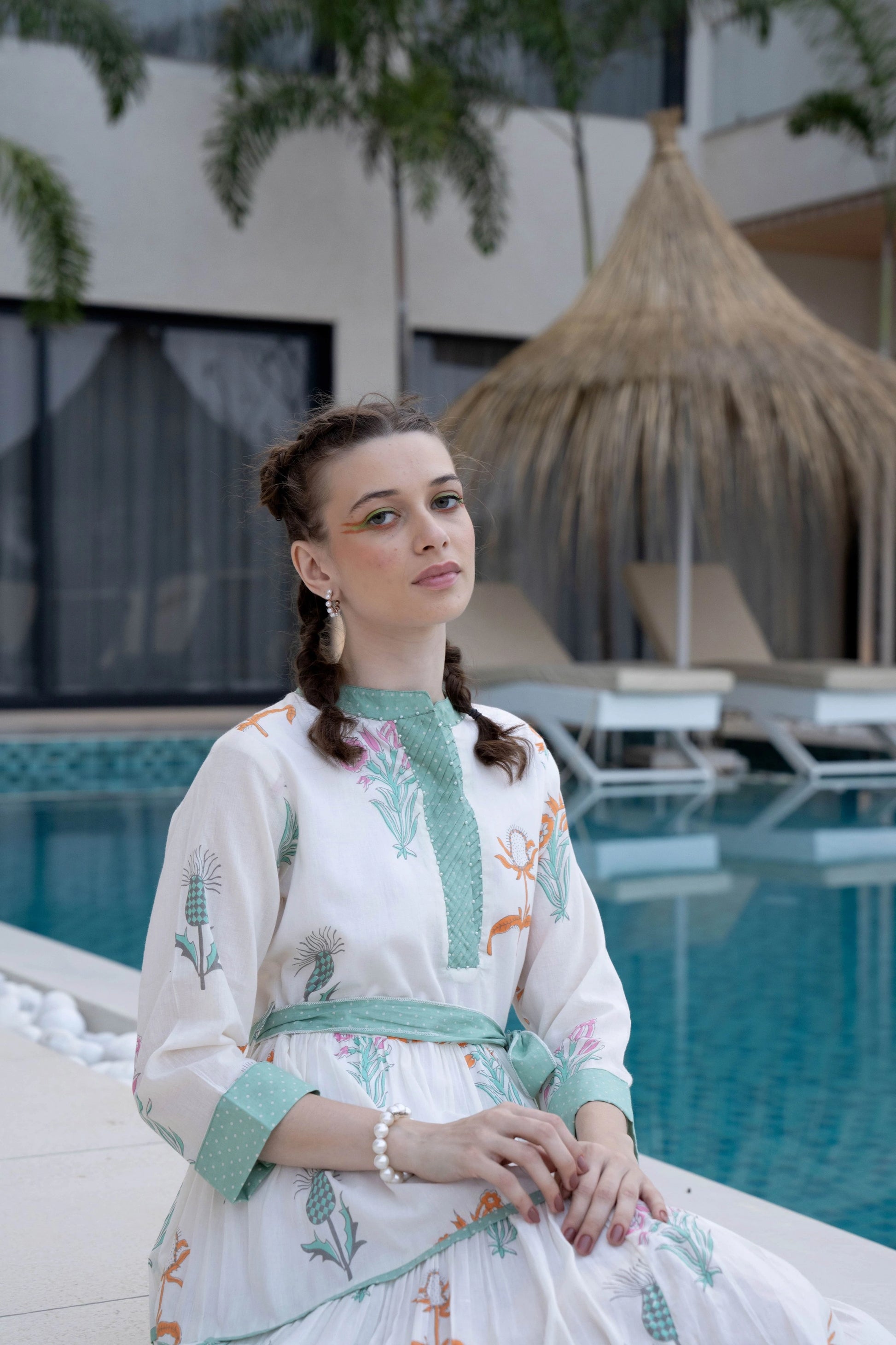 Belted Cotton Dress Sea Green Print