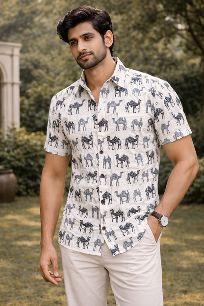 White Camel print Regular Fit Casual Shirt (Half Sleeves)