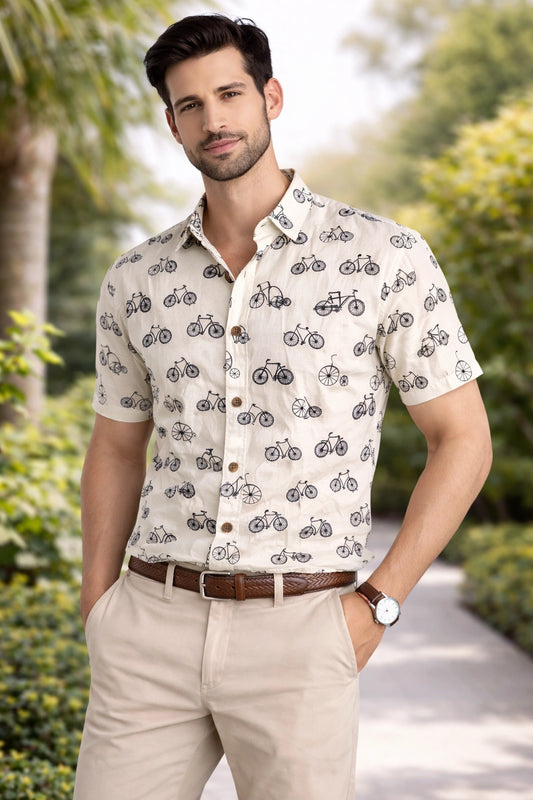 Shreenaya men’s white printed casual shirt