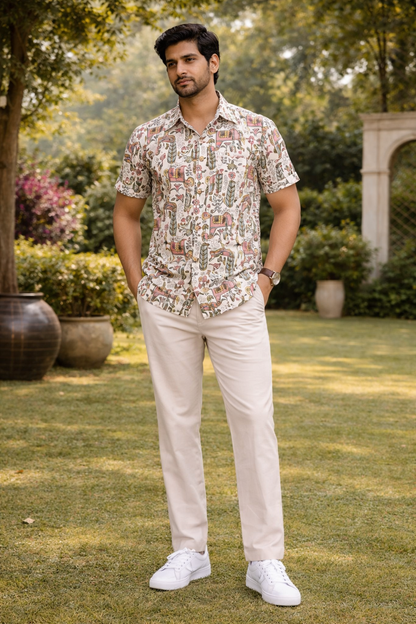 White Pink Tropical Print Cotton Regular Fit Casual Shirt (Half Sleeves)