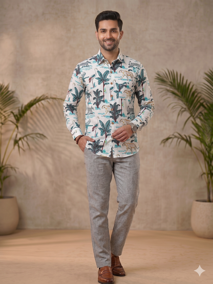White Tropical Print Regular Fit Casual Shirt (Full Sleeves)