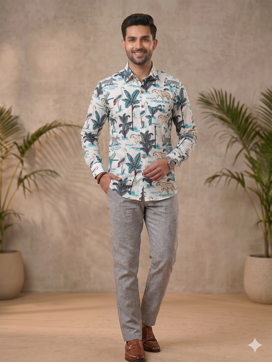 White Tropical Print Regular Fit Casual Shirt (Full Sleeves)