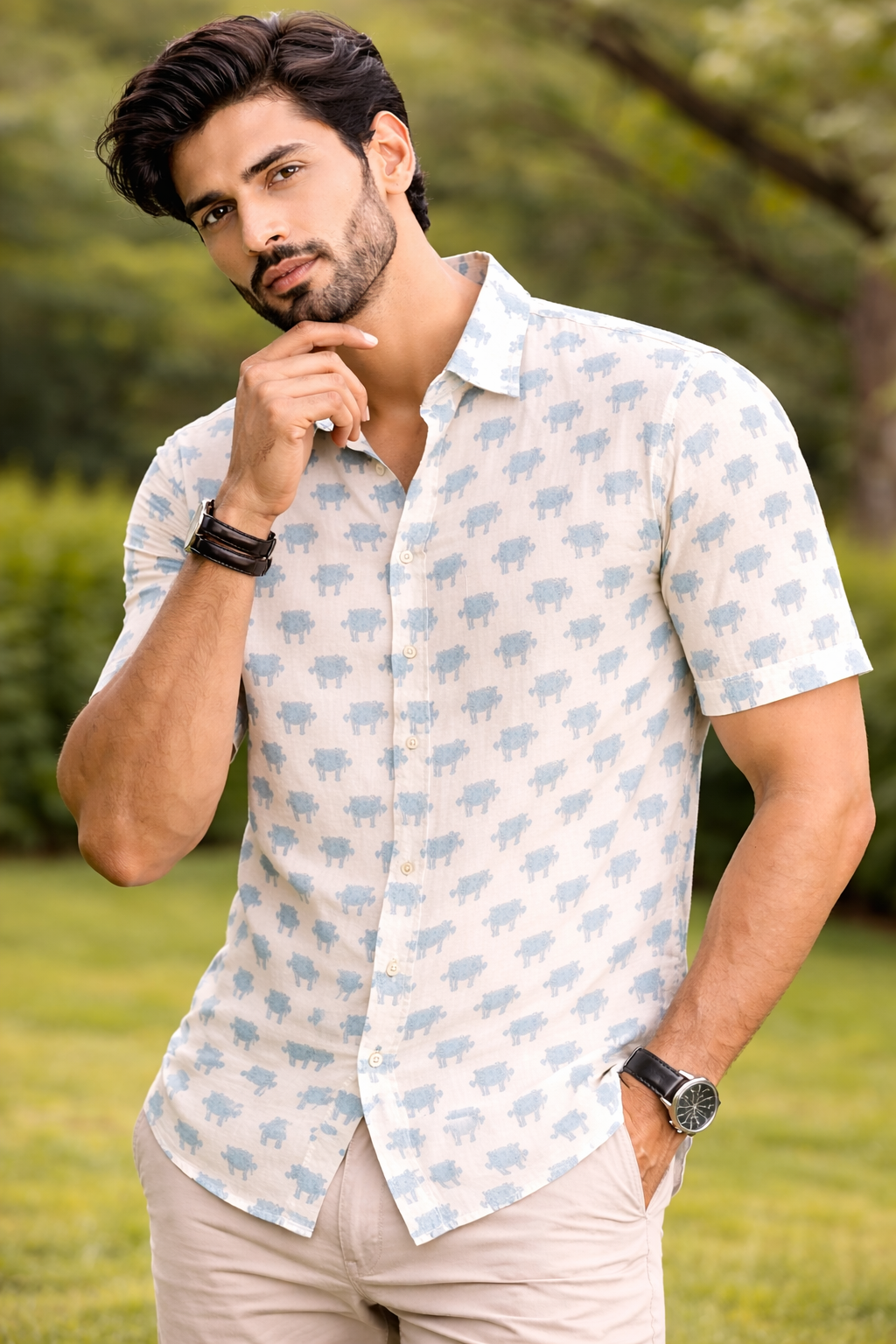 White and Blue Camel Print Cotton Regular Fit Casual Shirt (Half Sleeves)