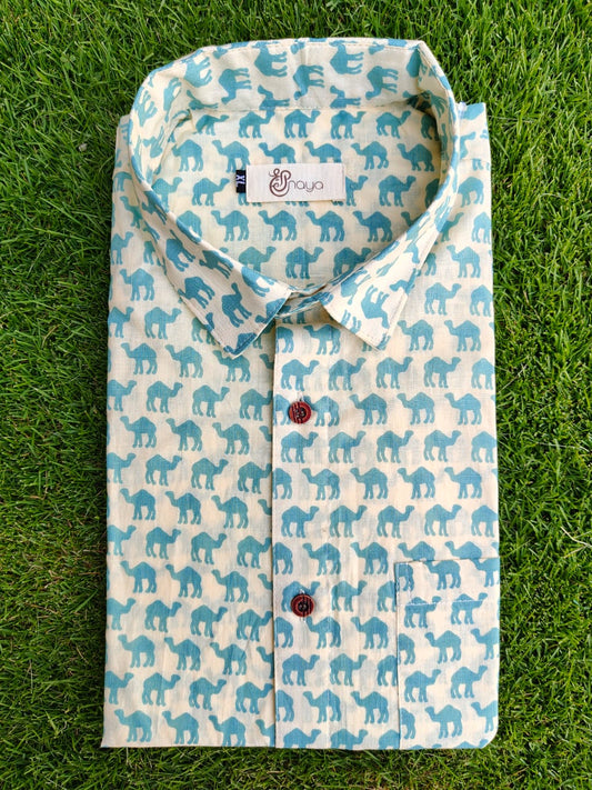White and Blue Camel Print Cotton Regular Fit Casual Shirt (Half Sleeves)