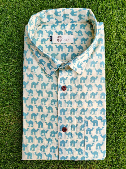 Shreenaya men’s camel print cotton shirt