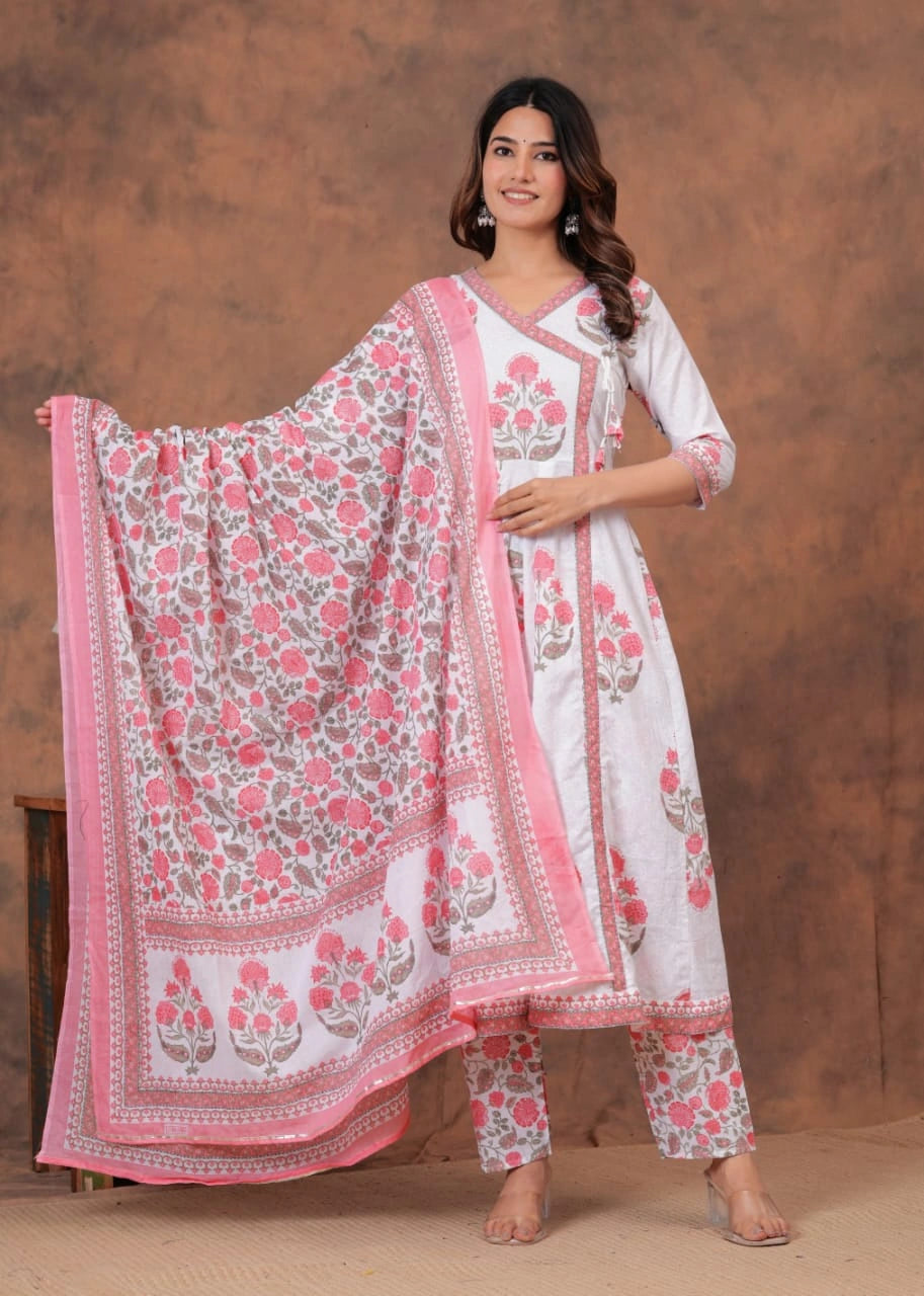White Pink Cotton Printed Anarkali Kurta Pant Dupatta