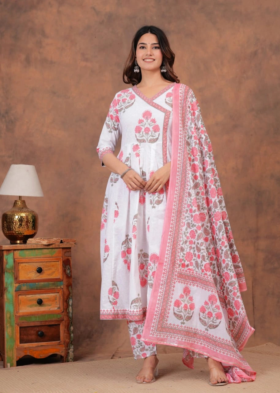 White Pink Cotton Printed Anarkali Kurta Pant Dupatta