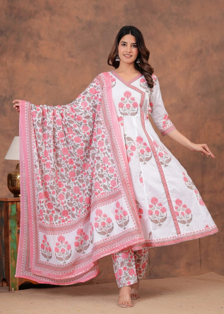 White and Pink Cotton Printed Anarkali Kurta Pant Dupatta Set for Women – Shreenaya