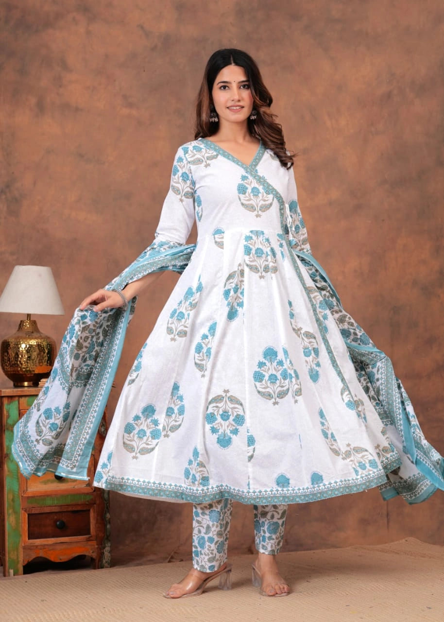 White & Sky Blue Cotton Printed Anarkali Set | Shreenaya