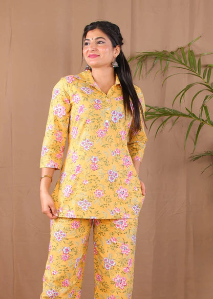 Women’s yellow floral cotton outfit set
