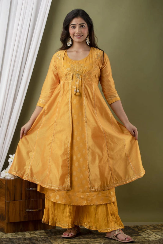 festive yellow embroidered kurta plazzo set with jacket