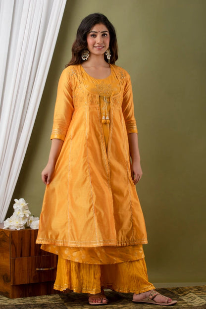detailed embroidery on yellow modal chanderi kurta fabric