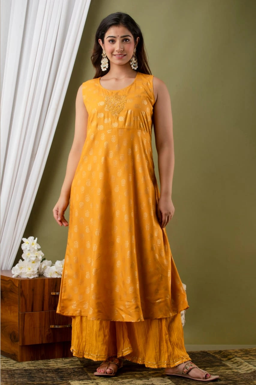 yellow modal chanderi embroidered kurta plazzo set with jacket