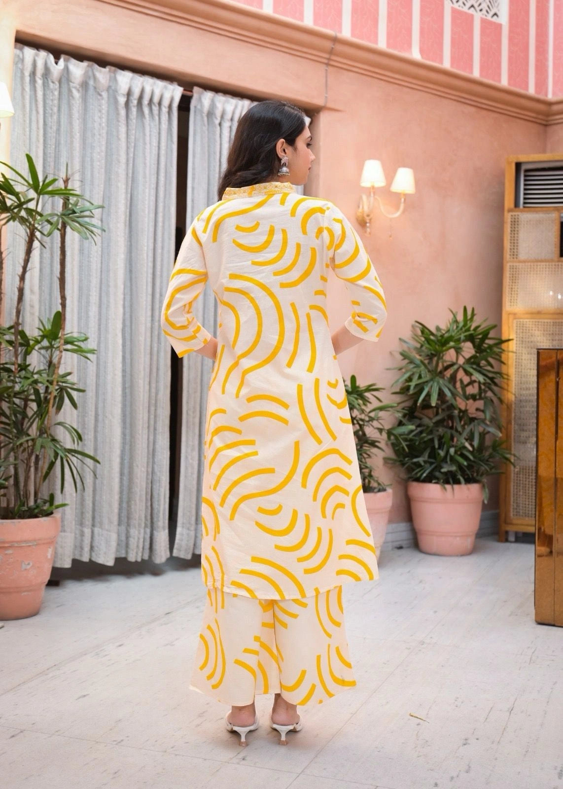 yellow printed kurta plazzo dupatta casual festive wear
