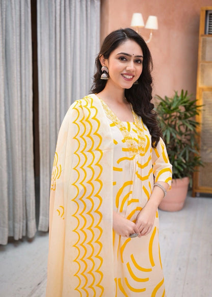 yellow printed Suit Set casual festive wear Shreenaya