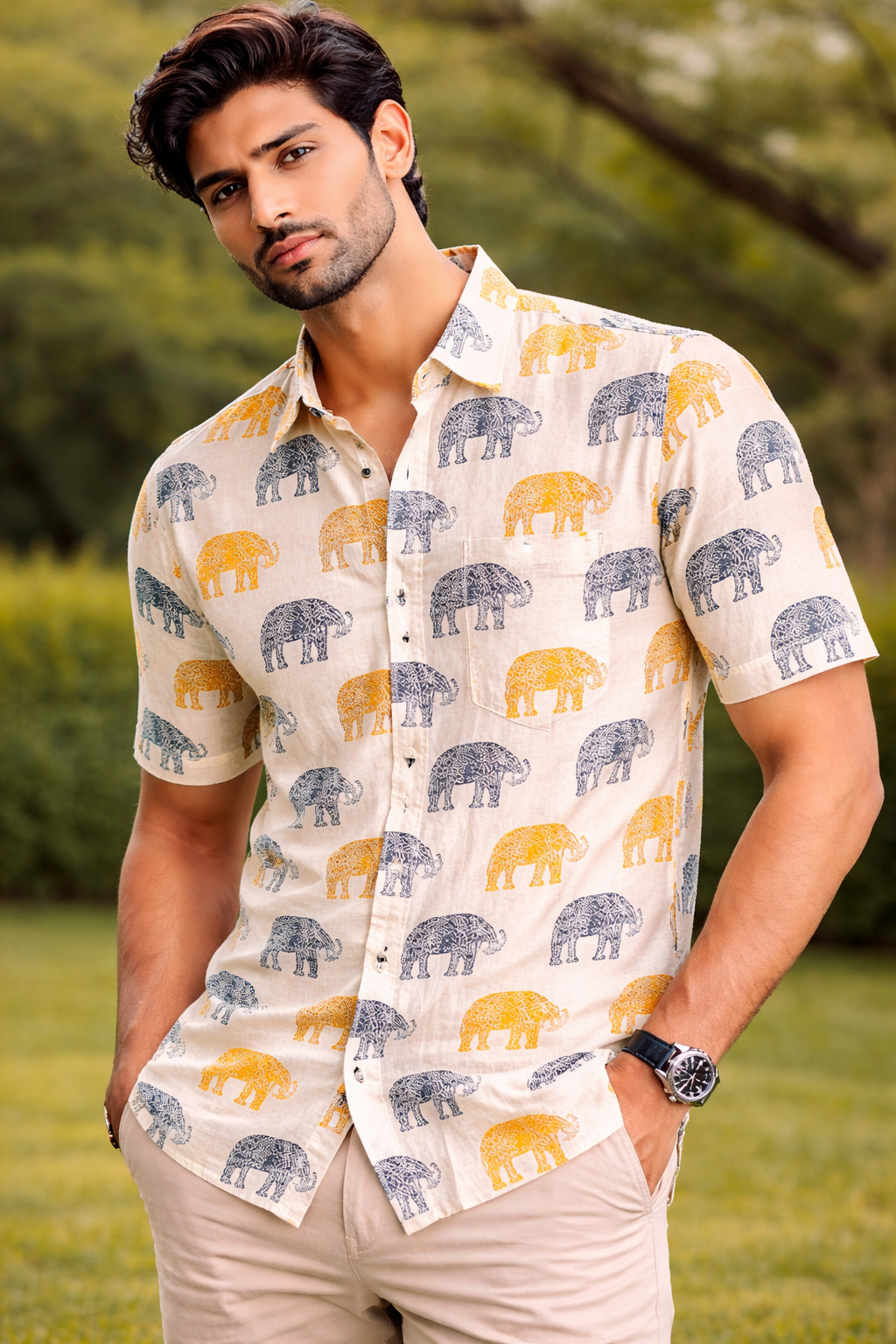 Yellow And Blue Elephant Print Cotton Regular Fit Casual Shirt (Half Sleeves)