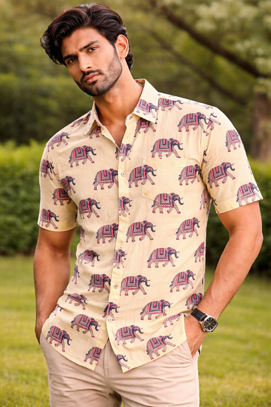 Yellow Big Elephant Print Cotton Regular Fit Casual Shirt (Half Sleeves)