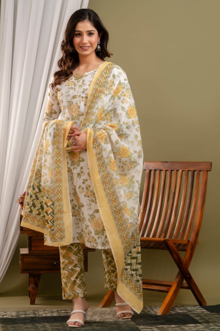 yellow olive printed kurta pant dupatta set for women