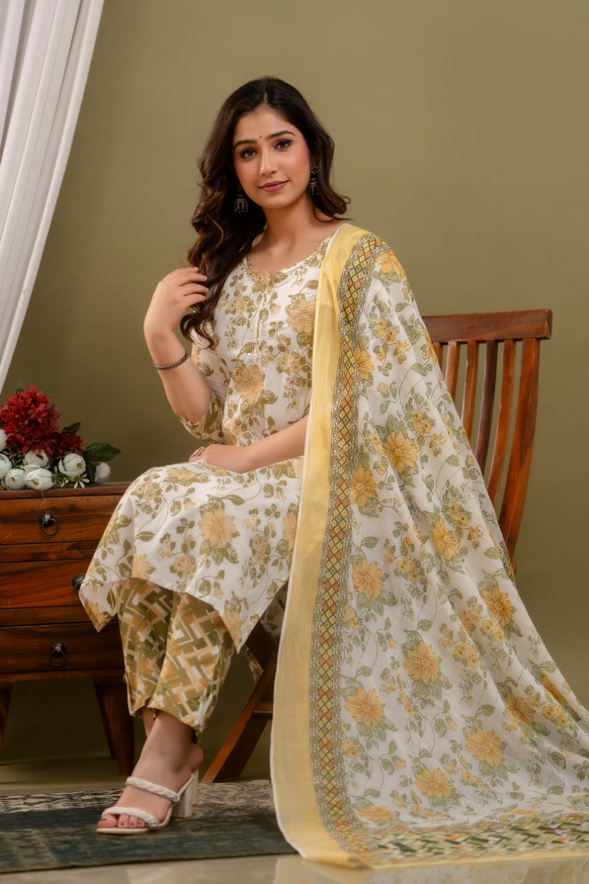 stylish yellow olive cotton kurta set ethnic wear