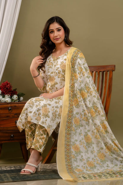stylish yellow olive cotton kurta set ethnic wear