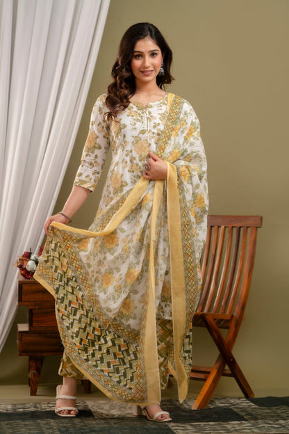 yellow olive kurta pant dupatta casual wear