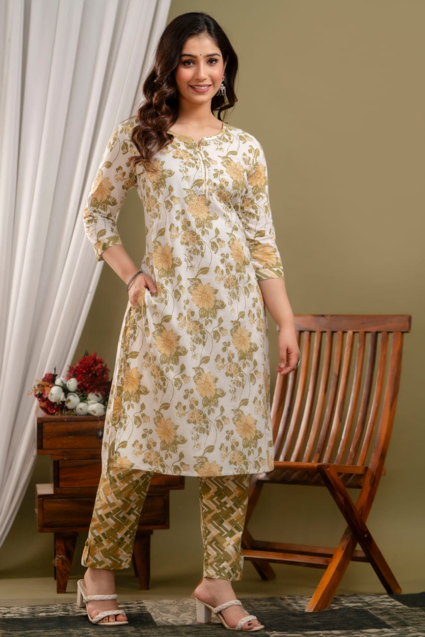 women yellow olive ethnic kurta set stylish look