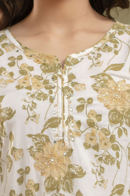 yellow olive kurta set front print detail