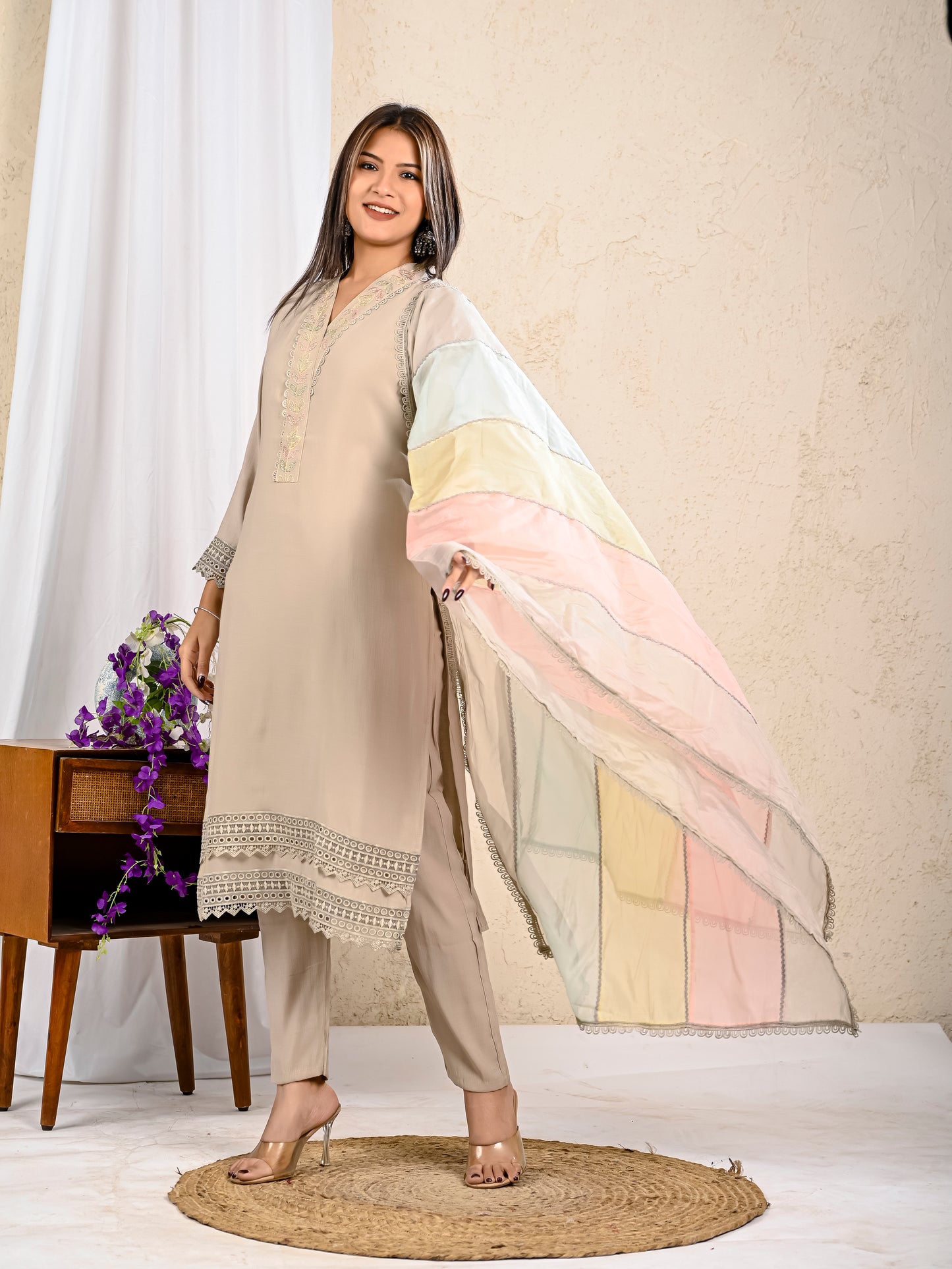beige embroidered kurta pant dupatta set for women