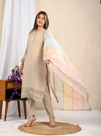 beige embroidered kurta pant dupatta set for women