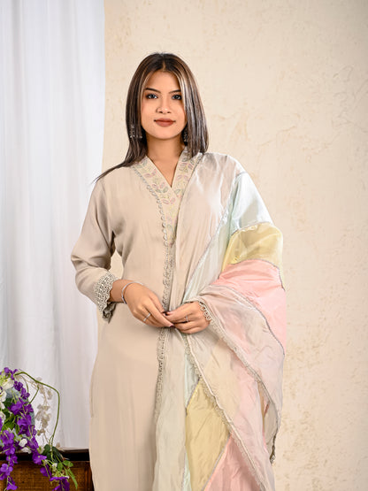 multicolour dupatta with beige kurta set