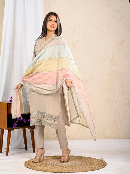 buy beige cotton kurta set with pant and multicolour dupatta
