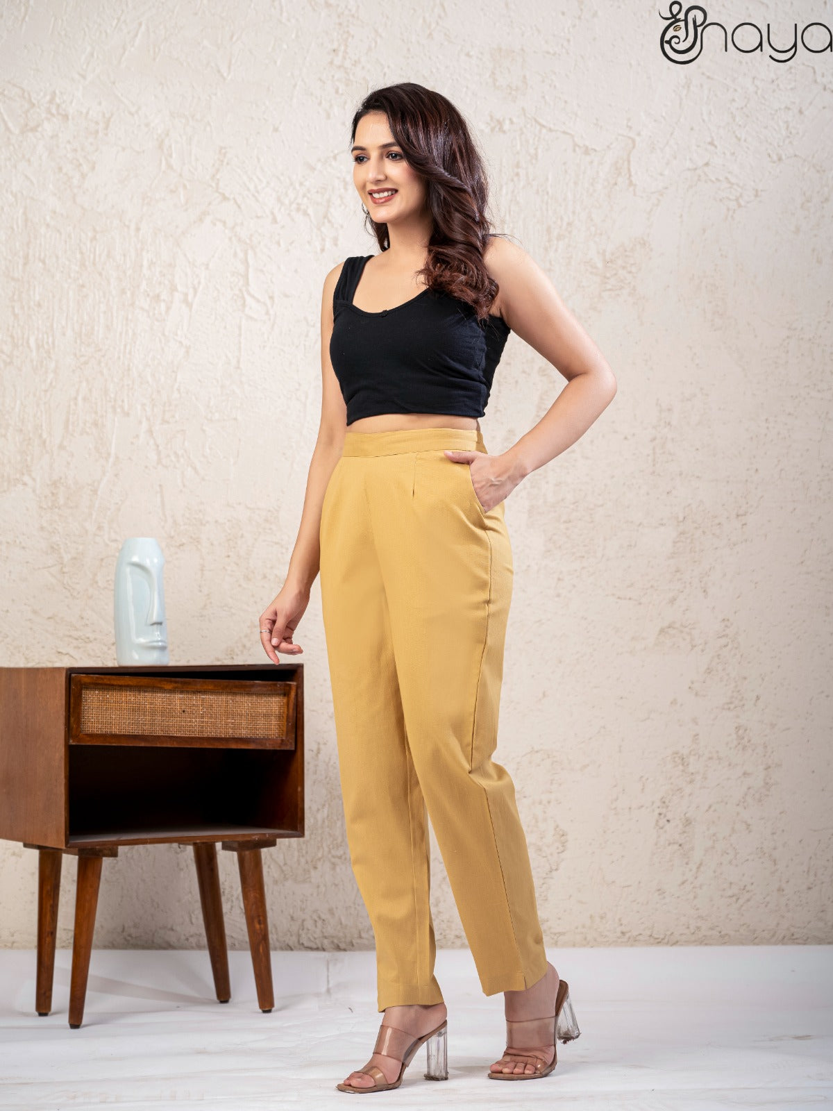 Beige linen pants for women straight fit