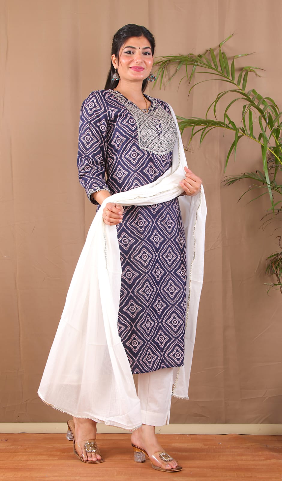 navy blue bandhani embroidered kurta pant dupatta set
