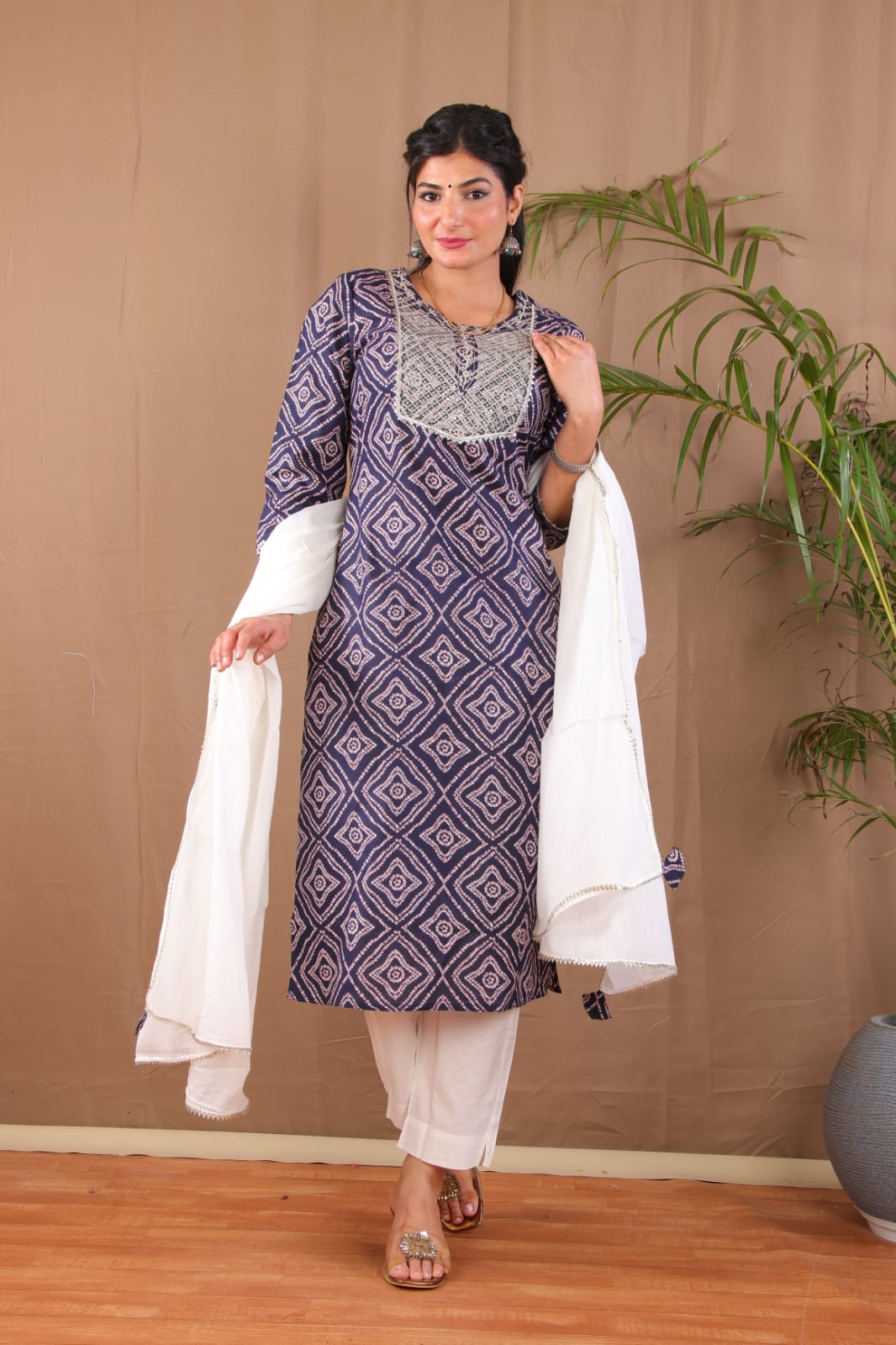 buy navy blue bandhani kurta set with pant and dupatta