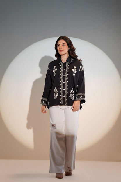 Black cotton embroidered shirt office wear women