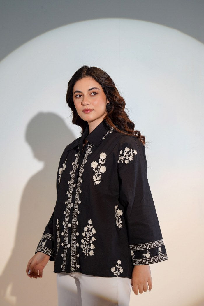Comfortable black embroidered cotton shirt women