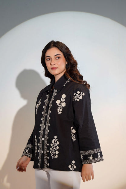 Comfortable black embroidered cotton shirt women