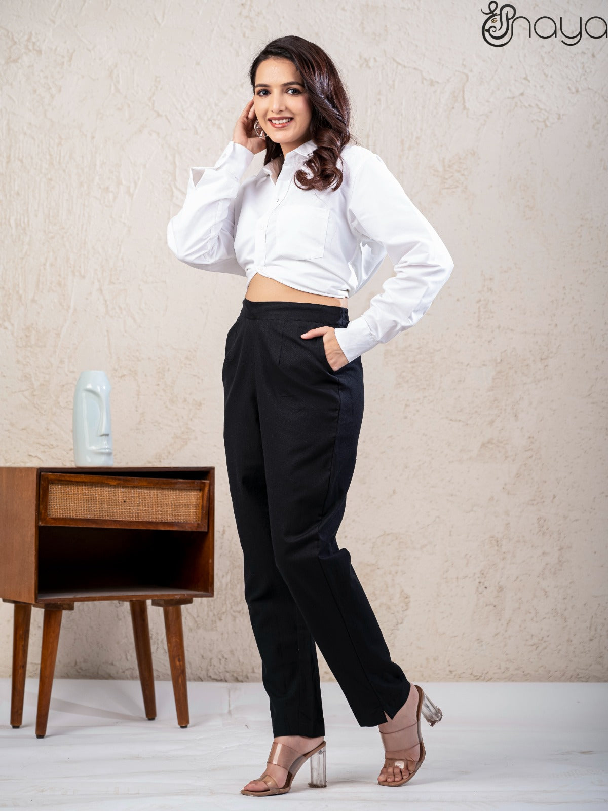 Women black cotton linen pants casual wear