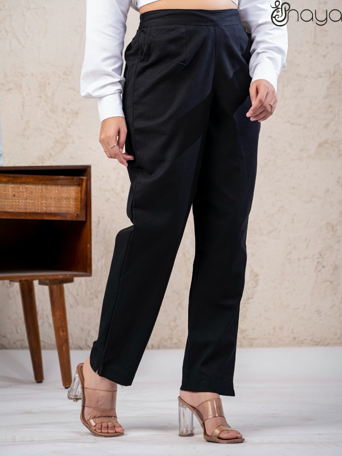 Black cotton linen straight fit pants daily wear