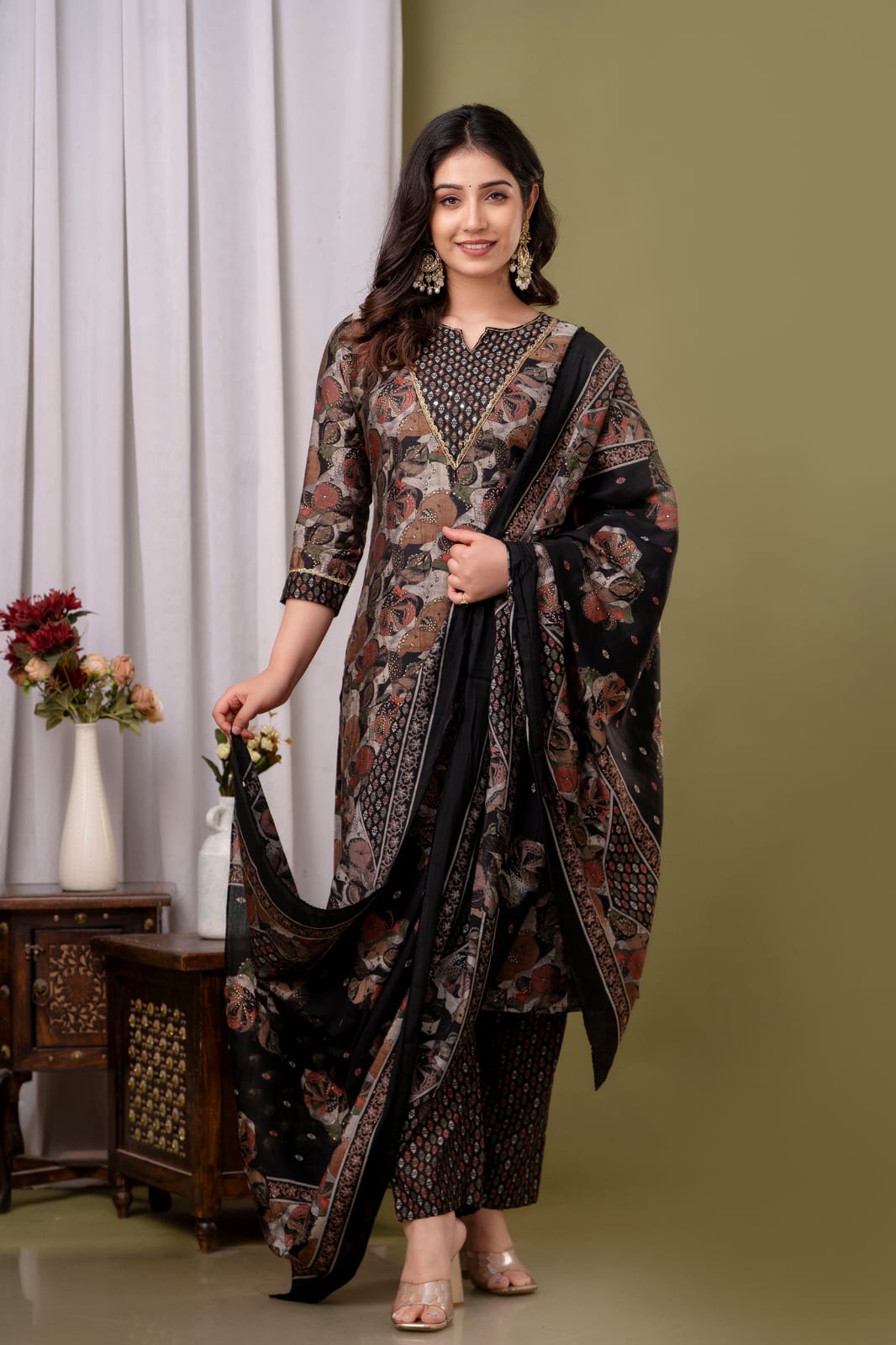 black kurta set mirror work yoke design