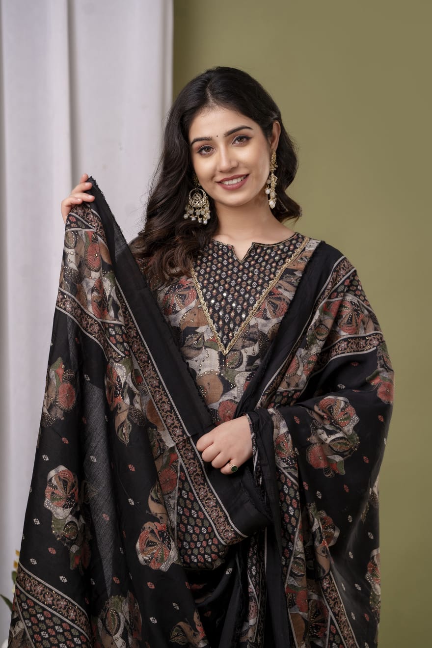 buy black Roman silk kurta set with pant and dupatta