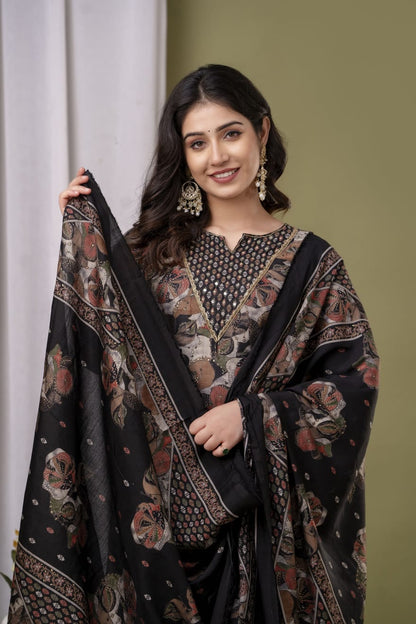 buy black Roman silk kurta set with pant and dupatta