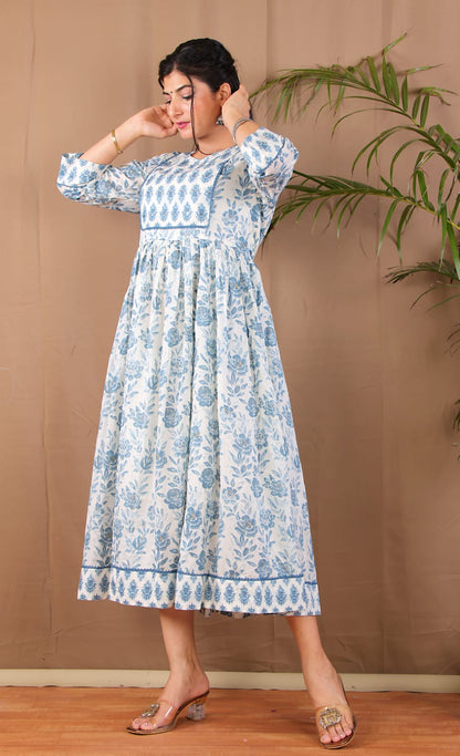 Blue Grey Floral Printed Anarkali Kurta Ethnic Wear