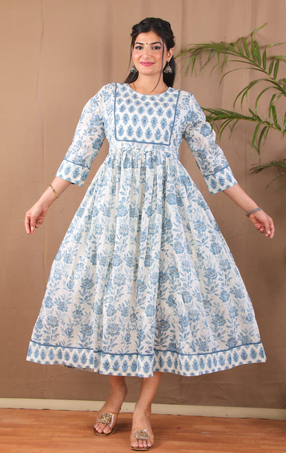 Women Blue Grey Floral Printed Anarkali Kurta
